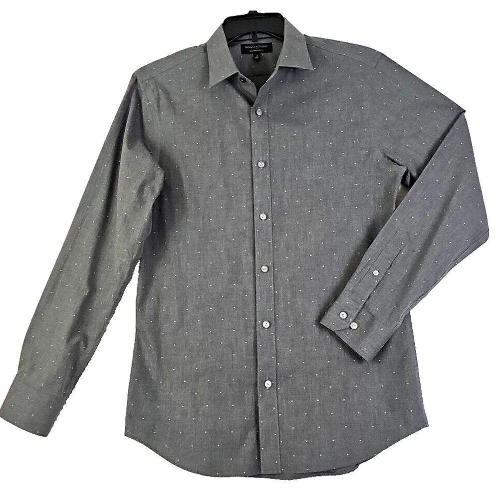 Banana Republic ~Men's Size M~Gray/Dots Non Iron Slim Fit Button-Up Shirt Cotton